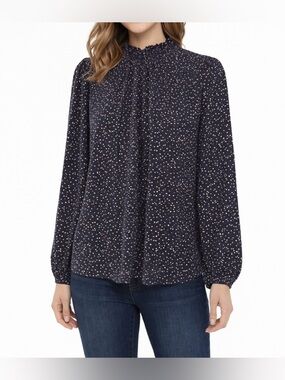 MELLODAY Navy Dot Smocked Neck Long-Sleeve Blouse